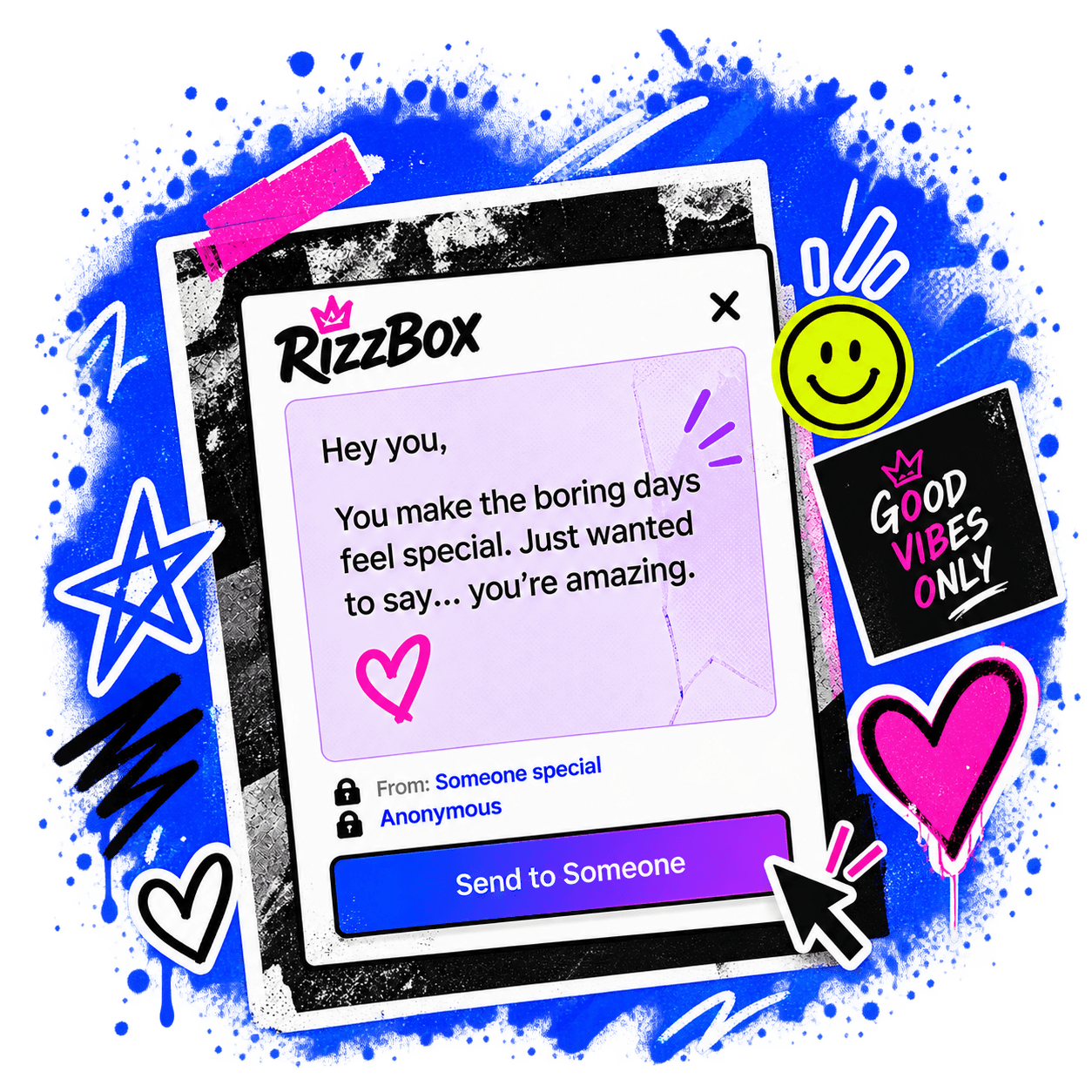 A RizzzBox secret message card — anonymous note, stickers and paint